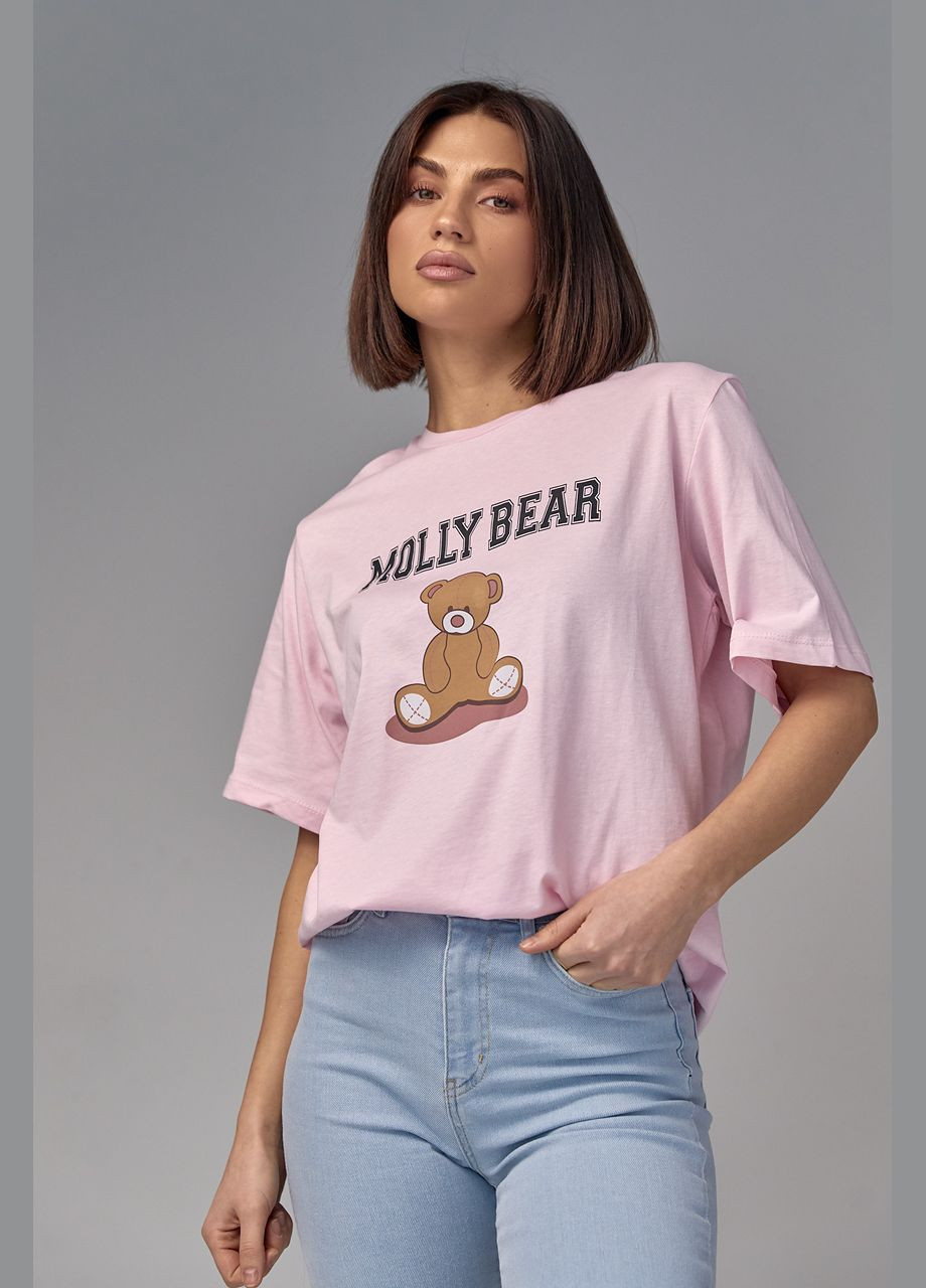 Розовая летняя хлопковая футболка с принтом медвежонка Lurex
