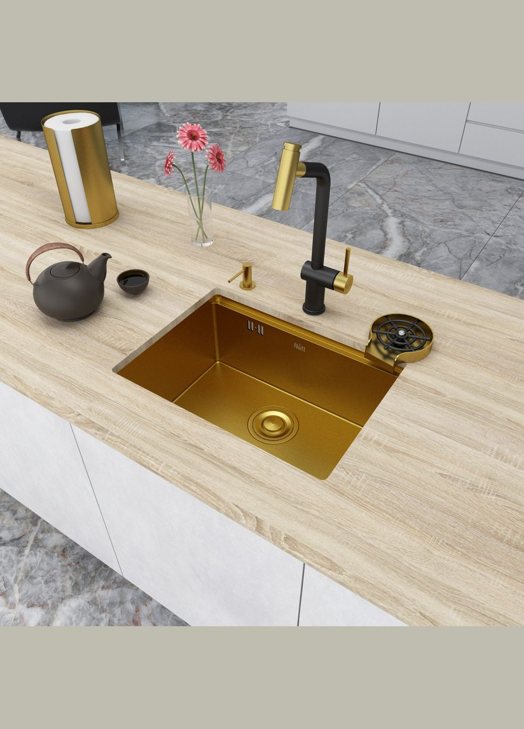 Золота мийка під стільницю з нержавійки кухонна станція NG-5742 Nett (336937113)