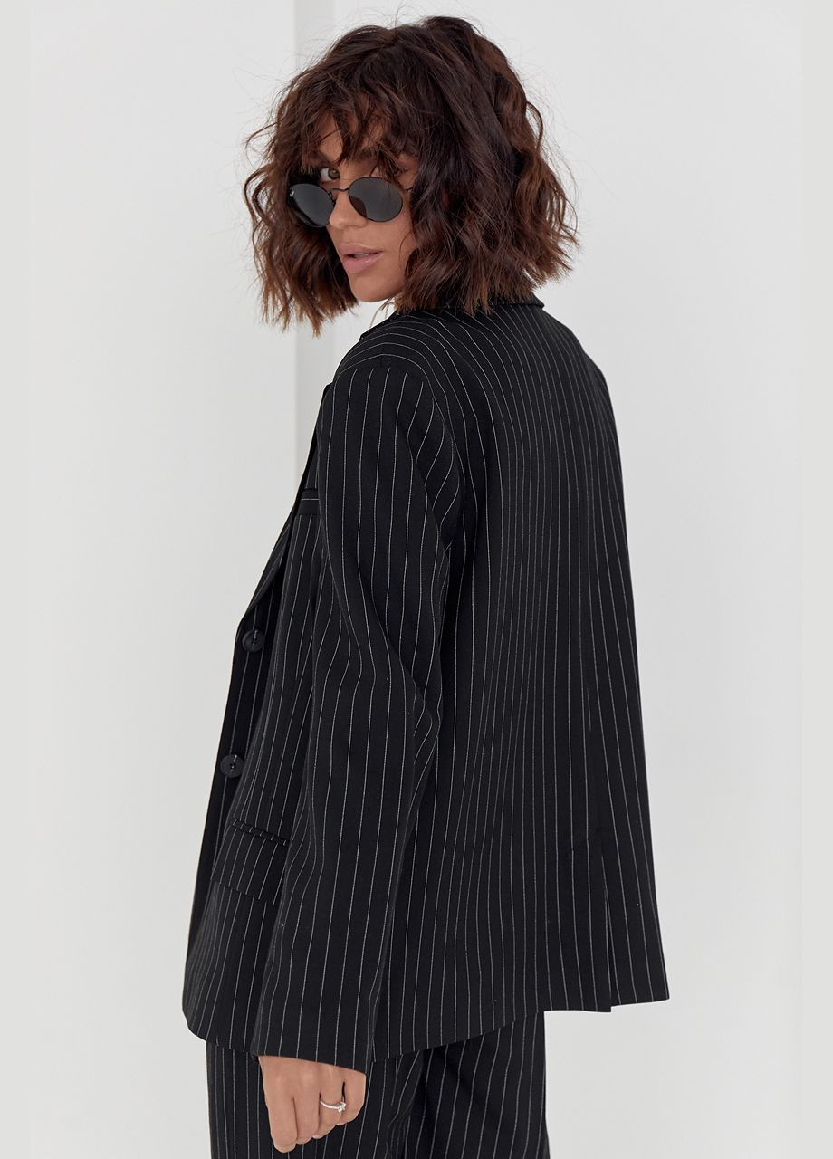 Черный женский женский пиджак на пуговицах в полоску 9304 Lurex полосатый - демисезонный