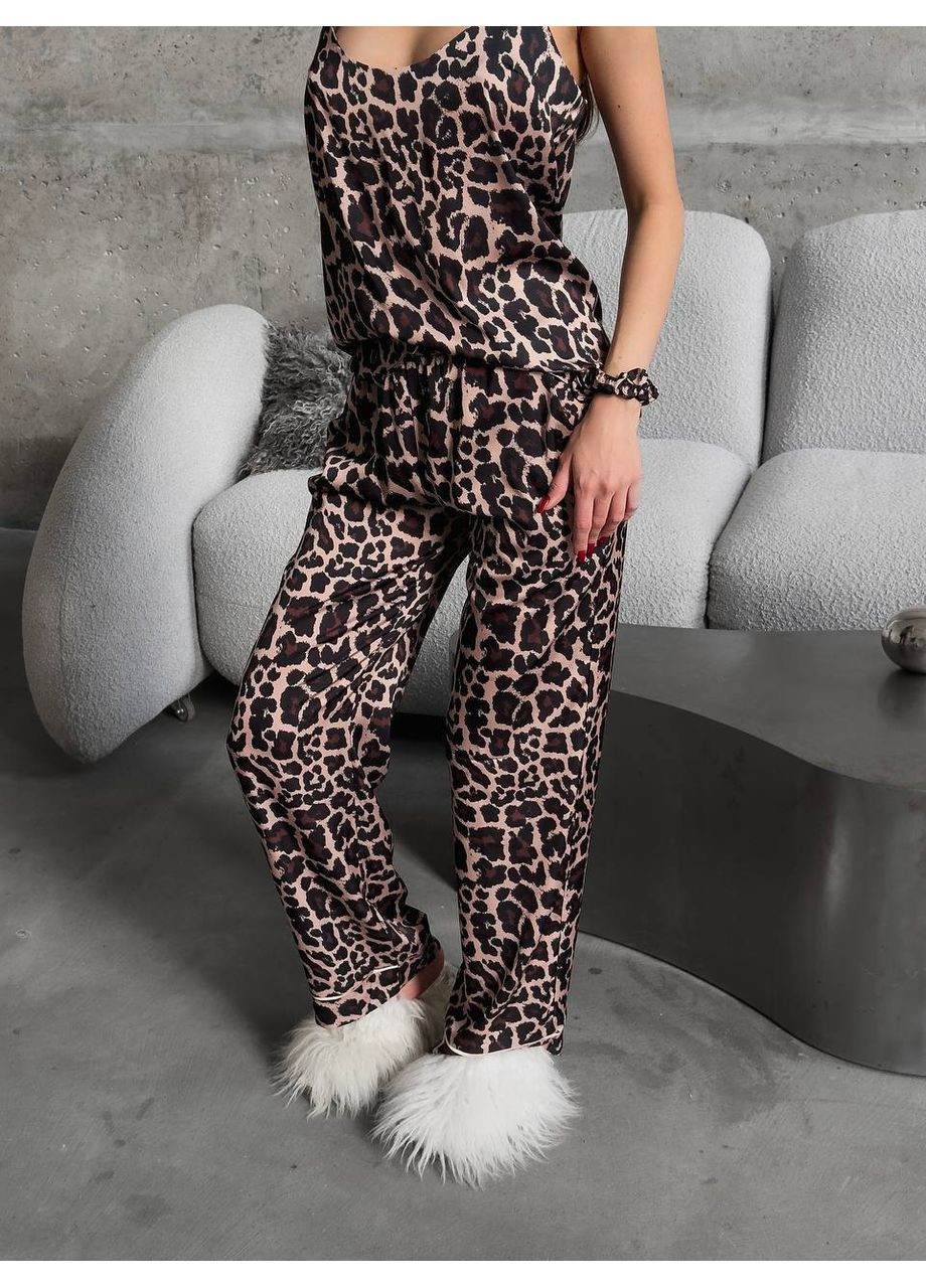 Черная всесезон женская пижама | чёрный леопард майка + брюки Vital-Textile 1220