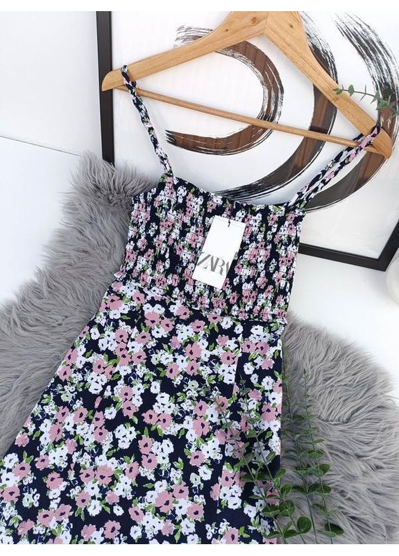 Синя квітчаста сукня міді з льоном Zara