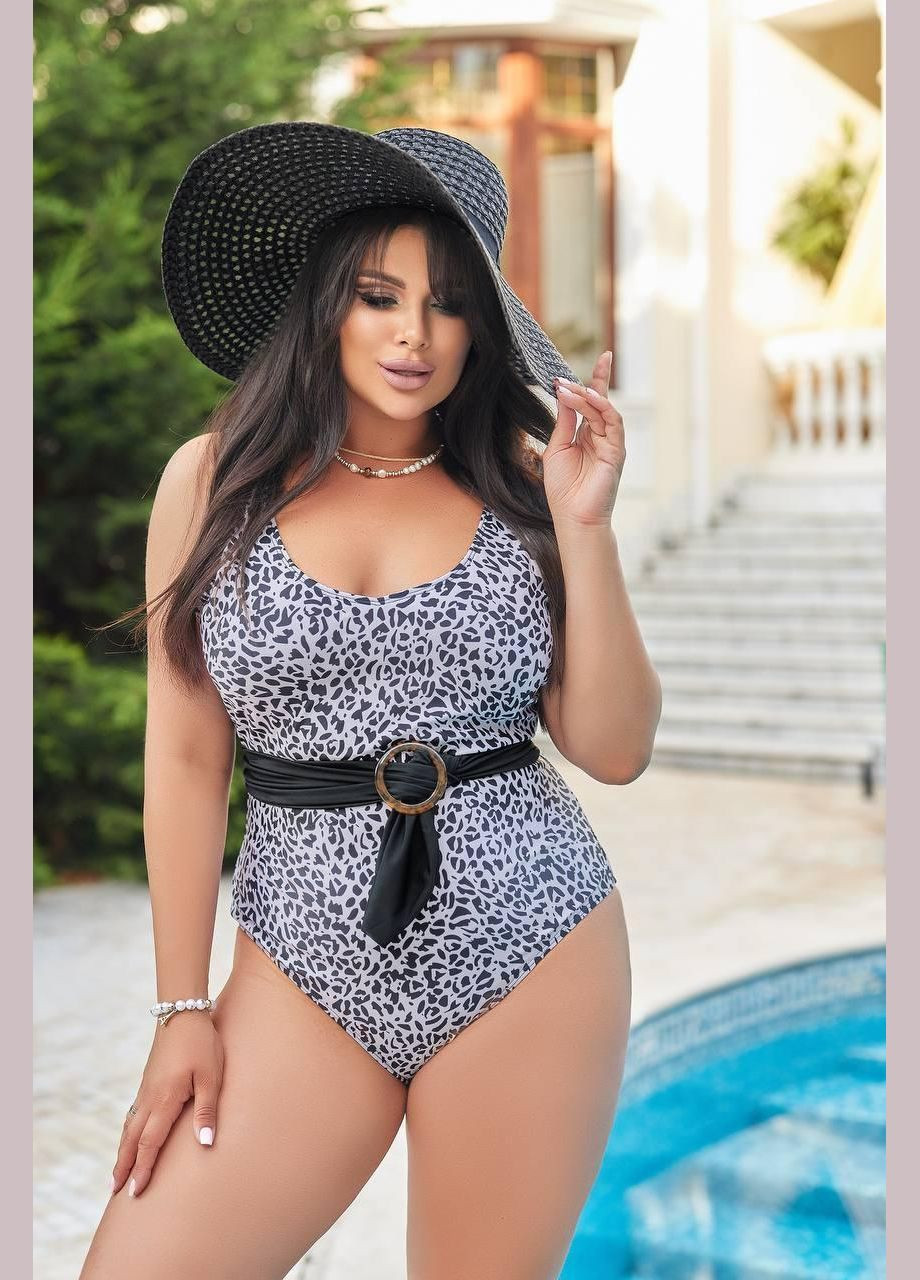 Білий літній купальник суцільний sw1103 (тигровий з поясом) суцільний Ghazel