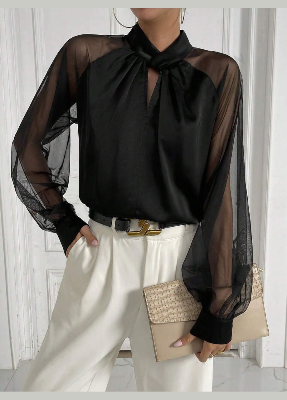 Чёрная лёгкая летняя блузка с воздушными рукавами из сетки, шикарно подходящая в жаркую погоду шёлковая блуза No Brand 1045