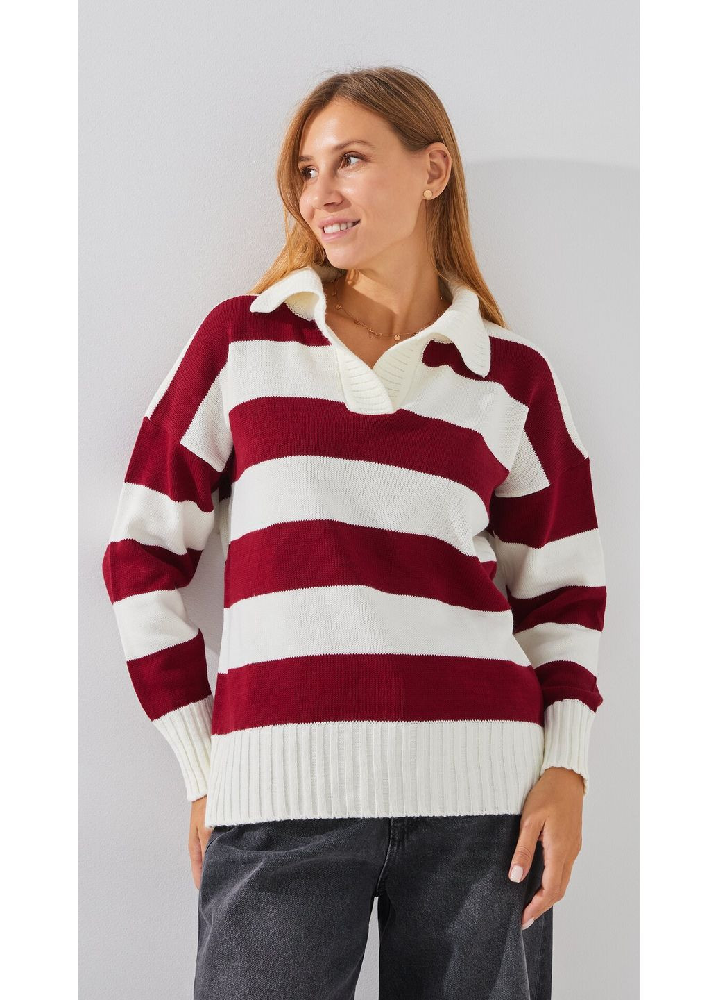 Комбинированный демисезонный джемпер с узором женский wtc08682 бордово-молочный shop (2000999284564) LAWA