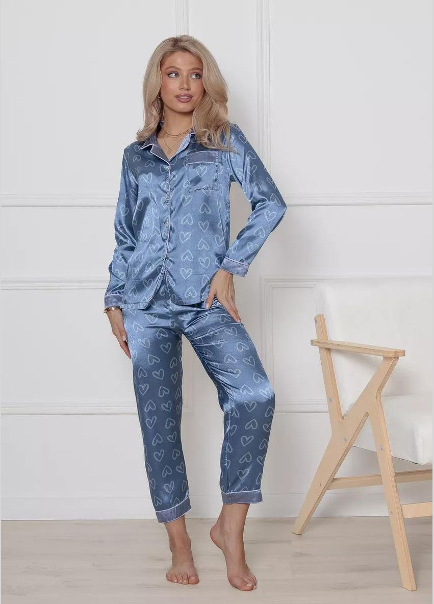 Светло-голубая всесезон женская атласная пижама с сердечками пижамный комплект двойка рубашка и брюки набор для дома с принтом сердечка рубашка + брюки Cindylove