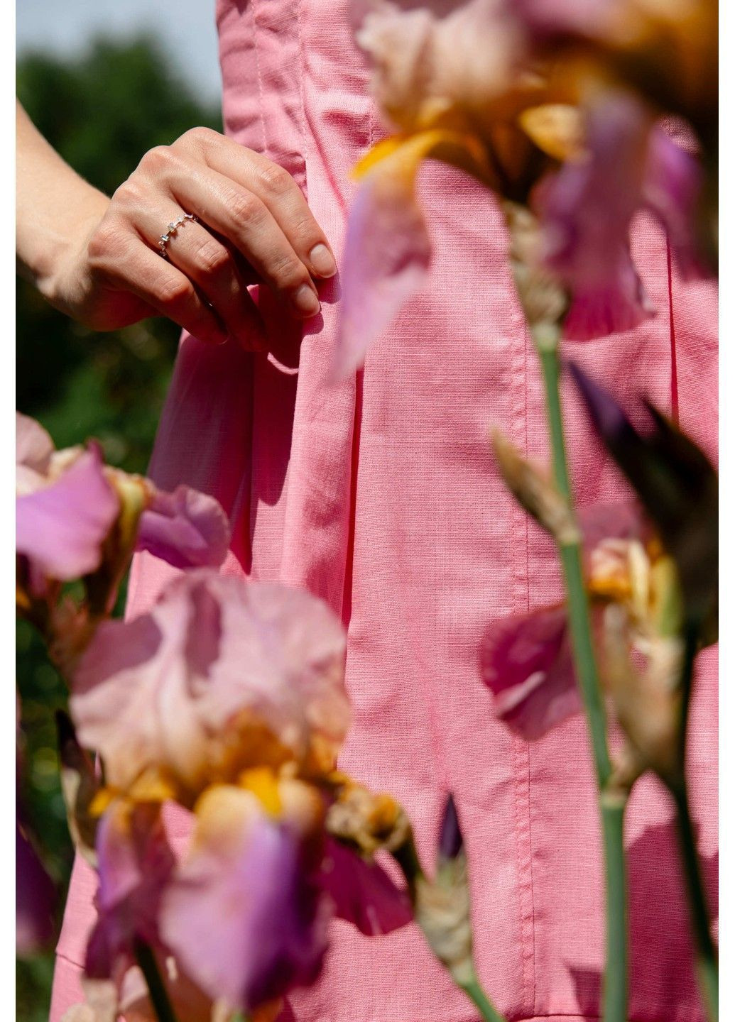 Рожева сукня лляна міні зі складками по таліїї рожева Bessa