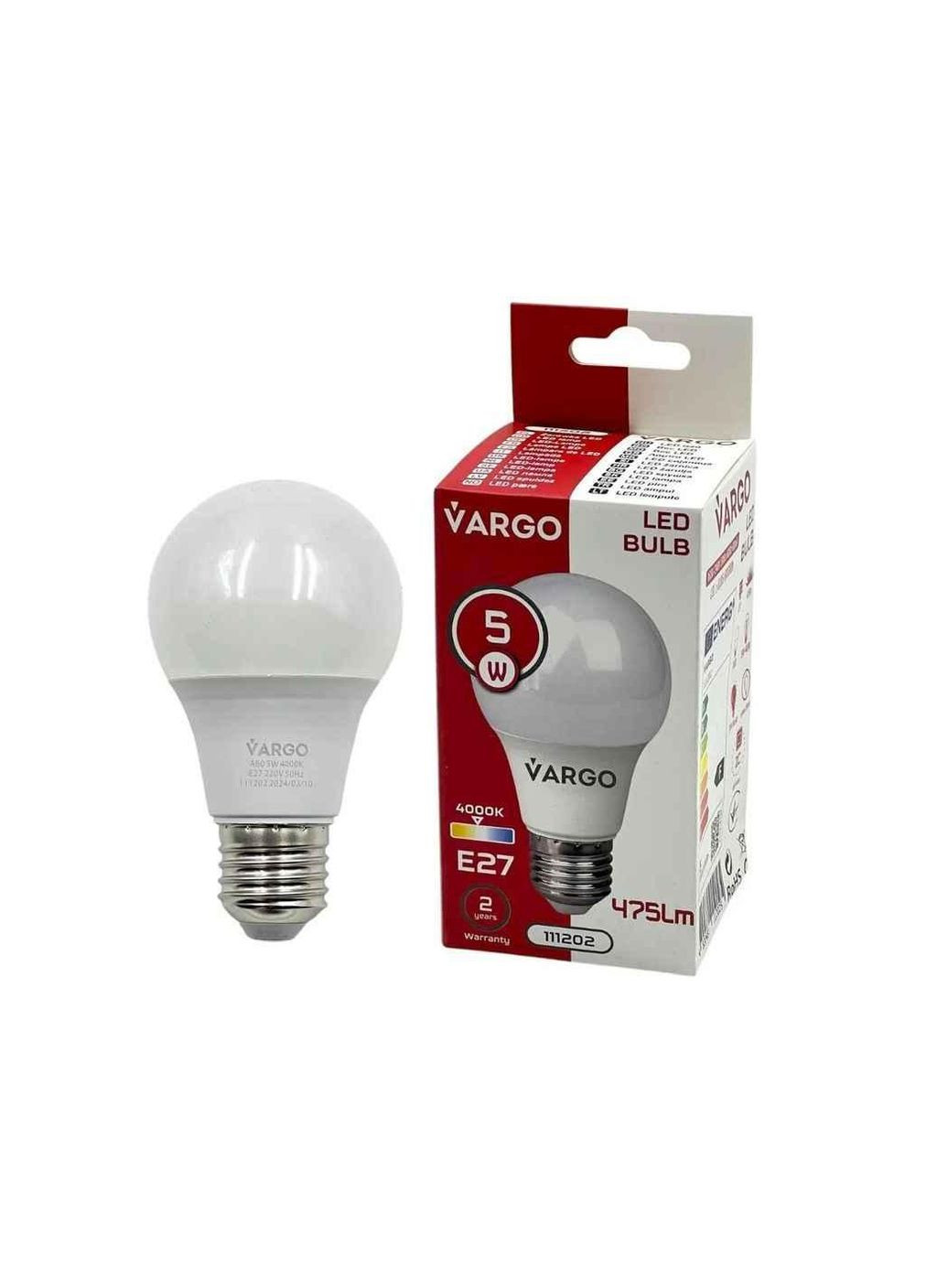 Лампа светодиодная 5W E27 4000K A60 220V 50Hz V-111202 ТМ VARGO (322502556)