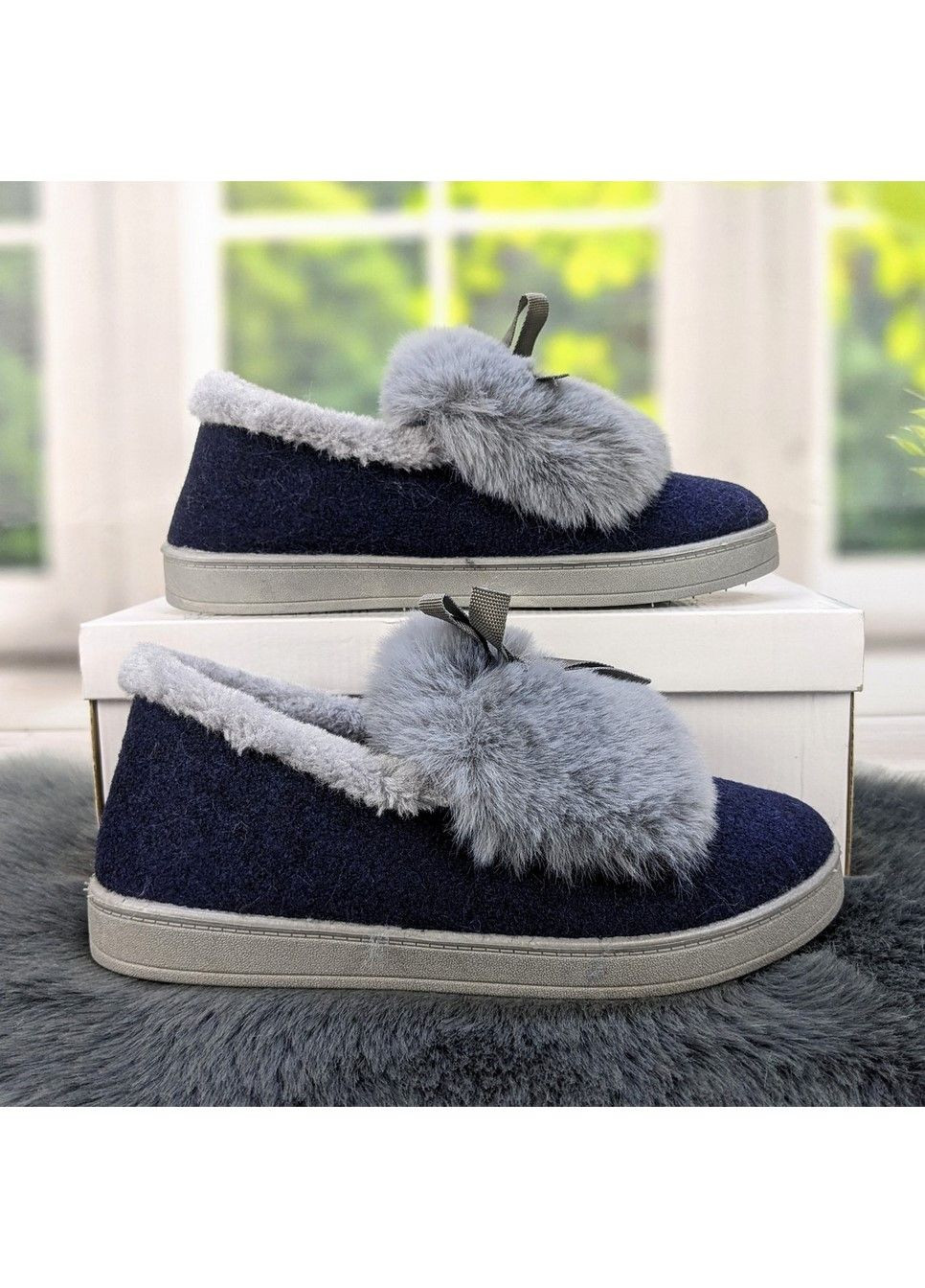 Синие тапочки чуни женские теплые синие с меховой опушкой Progress