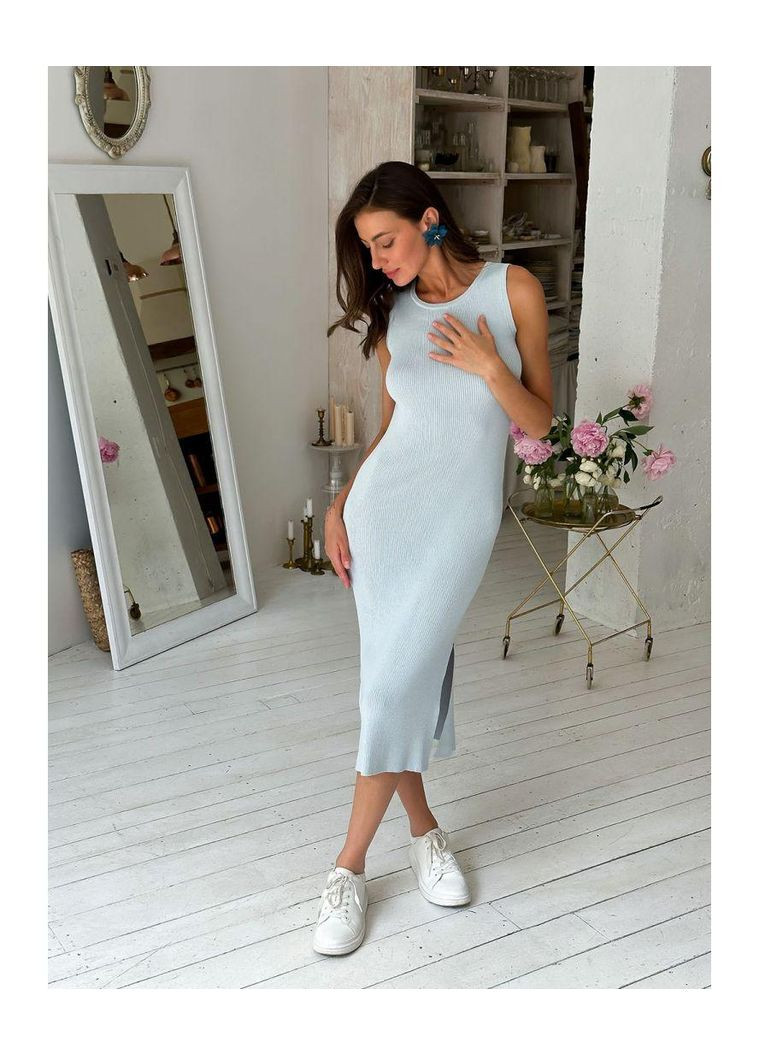 Голубое повседневный трикотажное платье-футляр в рубчике — платье без рукавов для теплой погоды (ak30474p) Art Knit