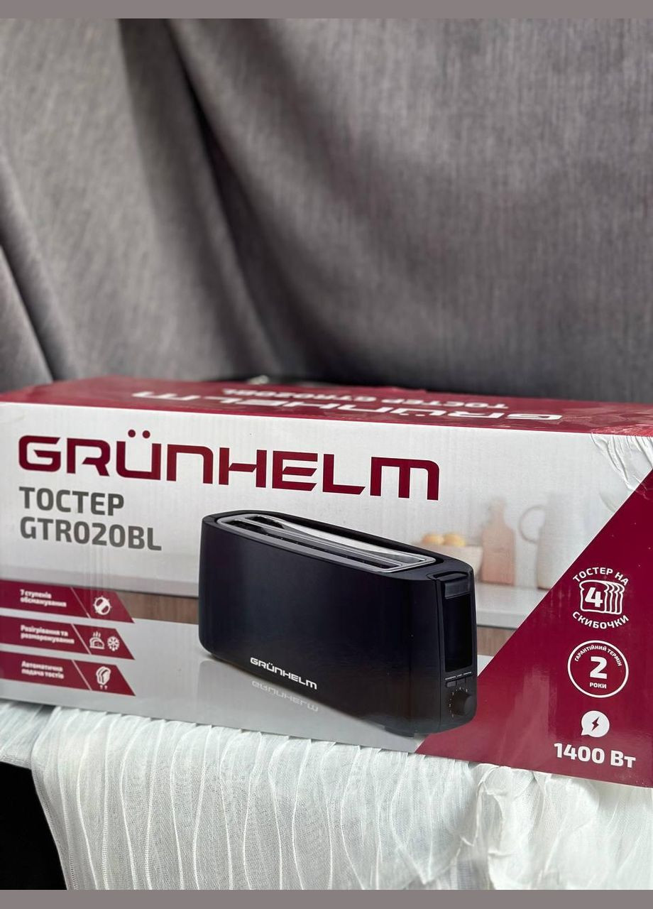 Тостер для хліба на 4 відділення GTR020BL тостерниця 7 ступенів прожарювання з функцією розморожування 1400Вт Чорний Grunhelm (328262078)