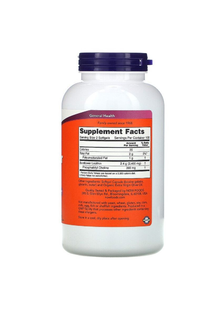 Подсолнуховый Лецитин 1200мг,, 200 желатиновых капсул Now Foods (326055070)