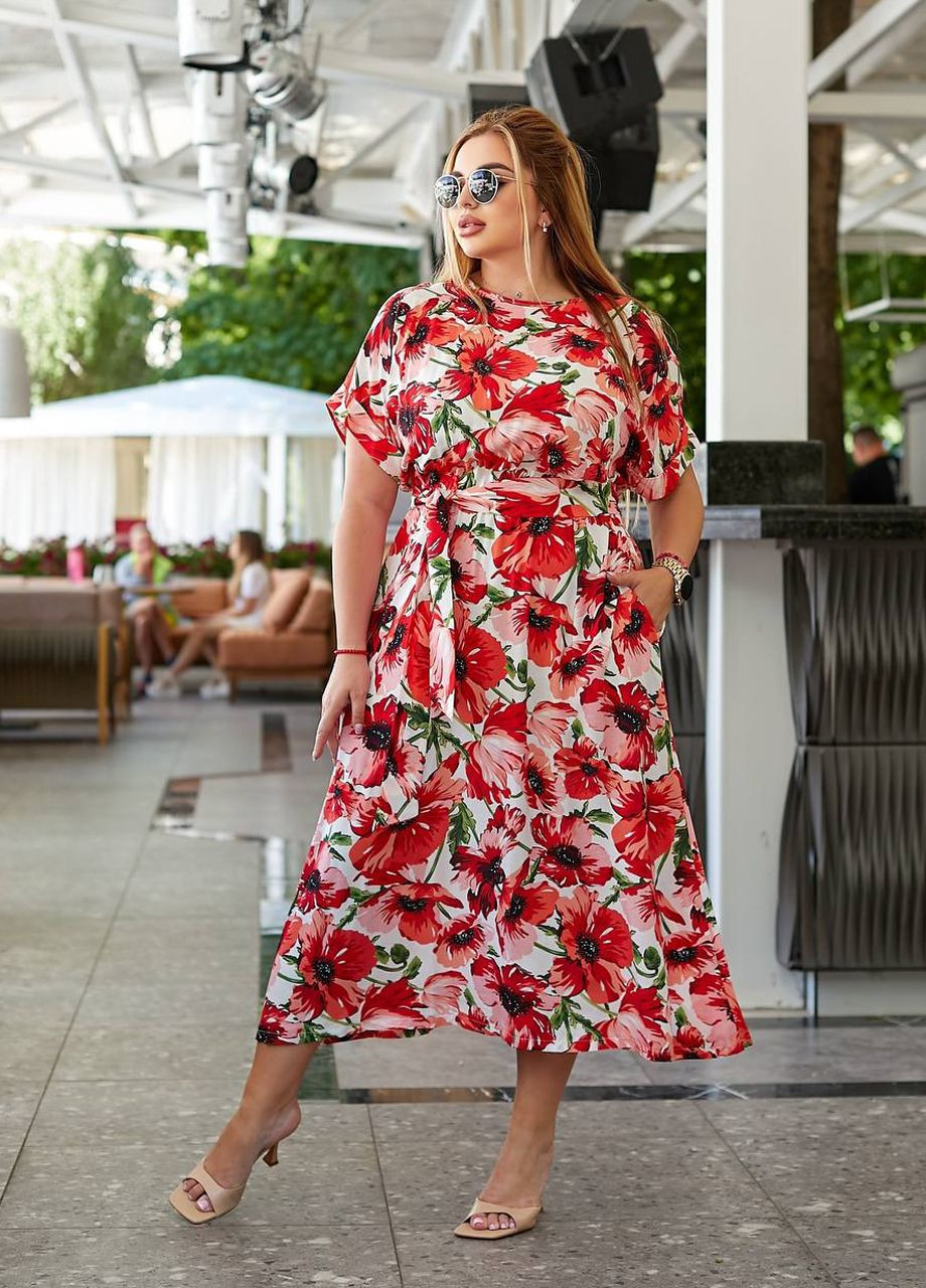 Червона повсякденний літня сукня міді штапель з коротким рукавом та поясом Modena з квітковим принтом