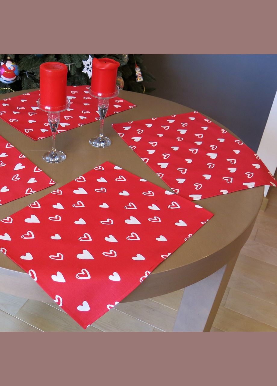Салфетки на стол под тарелки красные, набор из 2 салфеток, ланчматы водоотталкивающие с сердечками Maystat (305391168)