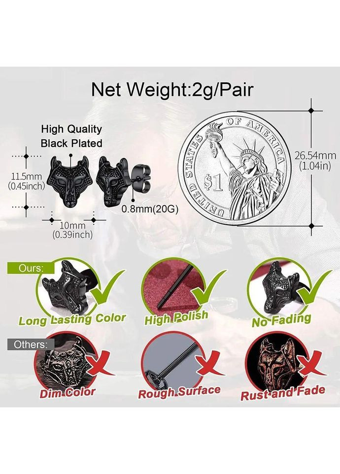 Чоловічі сережки вовк Wolf з головою у вигляді чорного вовка з вікінгів viking 1шт No Brand (350936069)