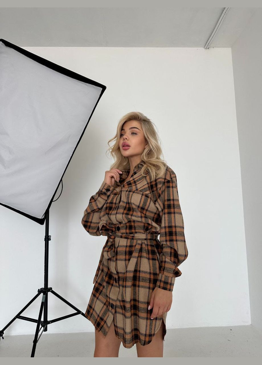 Жіноча сорочка сукня в клітинку з поясом коричнева You Best (304390777)
