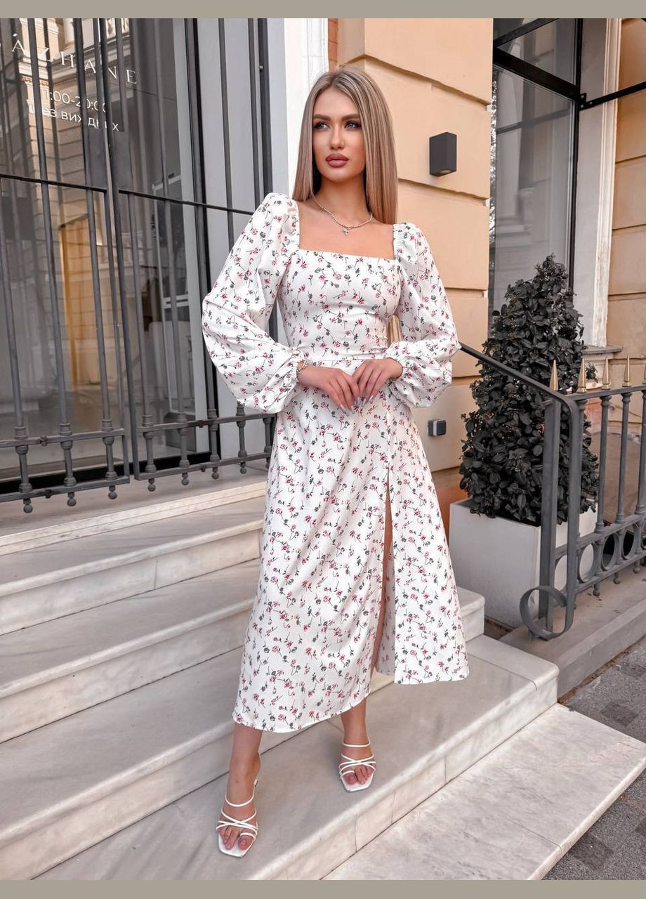 Молочна святковий, повсякденний, кежуал жіноча сукня кльош FINO Mode з квітковим принтом