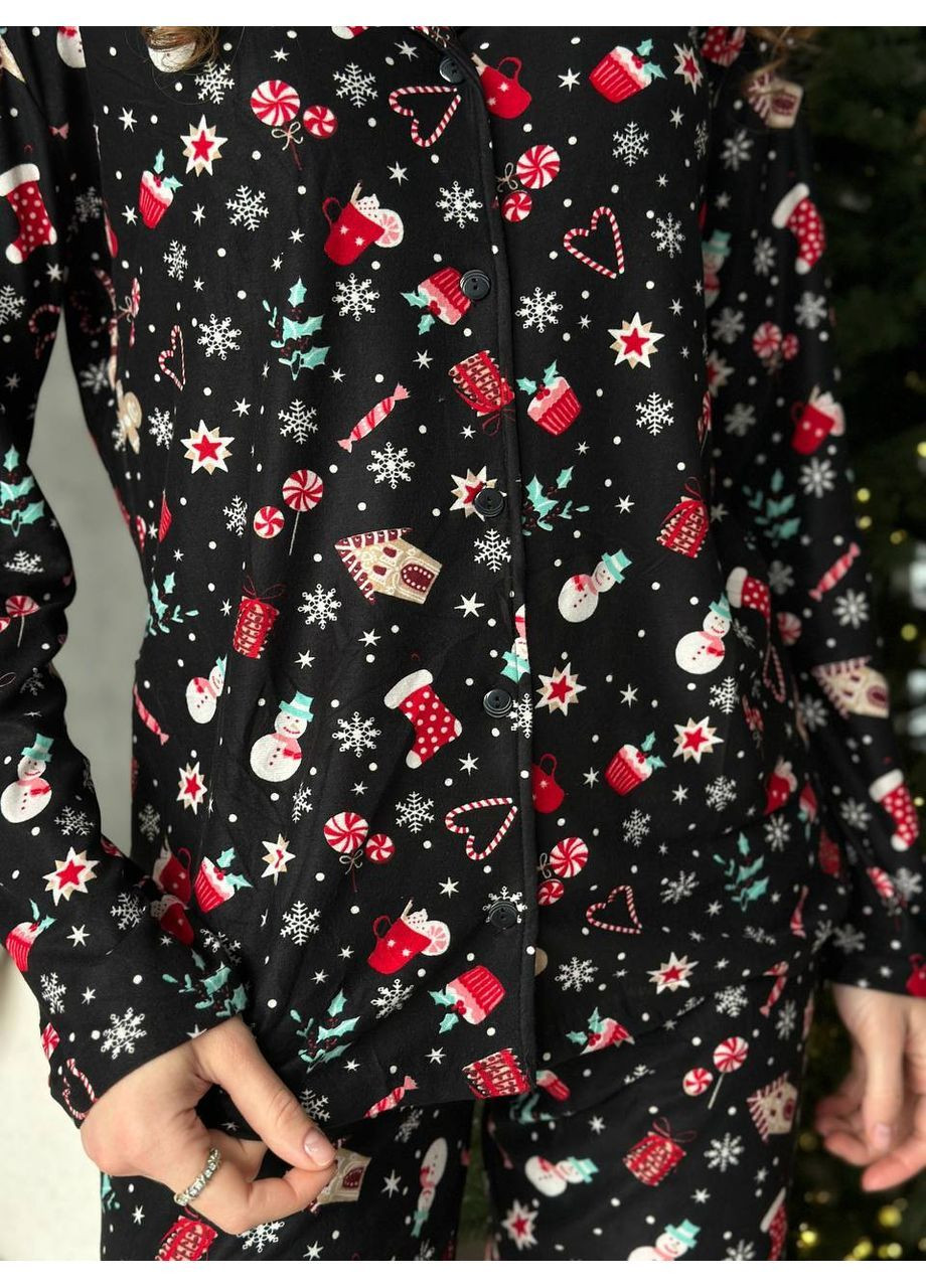 Чорна затишна новорічна піжамка сорочка + брюки Vakko
