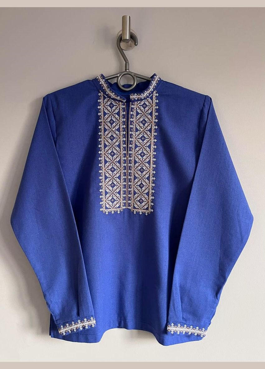 Синя вишиванка для хлопчика з натурального льону – стильна українська сорочка з геометричною вишивкою візерунок орнамент льон (314872697)