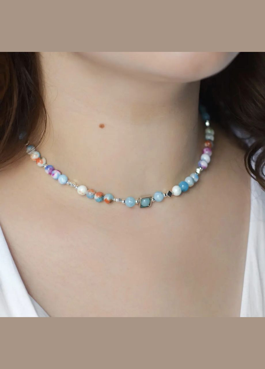 Чокер натуральный Халцедон голубой, Гематит клевер, Акрил и Бисер, гип-ный сплав цвет серебро d-6мм L-39-44см No Brand гематит, халцедон латунь, бисер, натуральный камень, медицинский сплав серебро (324836264)