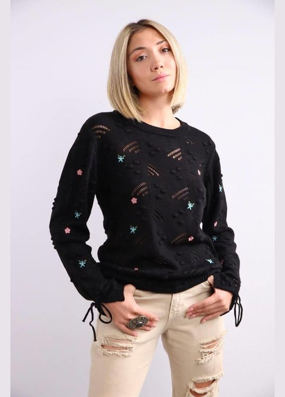 Чорний ажурний вовняний светр з вишивкою і завязками на рукавах чорний You Best