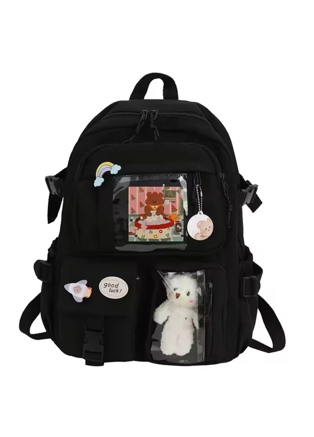Рюкзак для студентів та підлітків з прозорими карманами,значками та м'якою іграшкою No Brand (366547251)