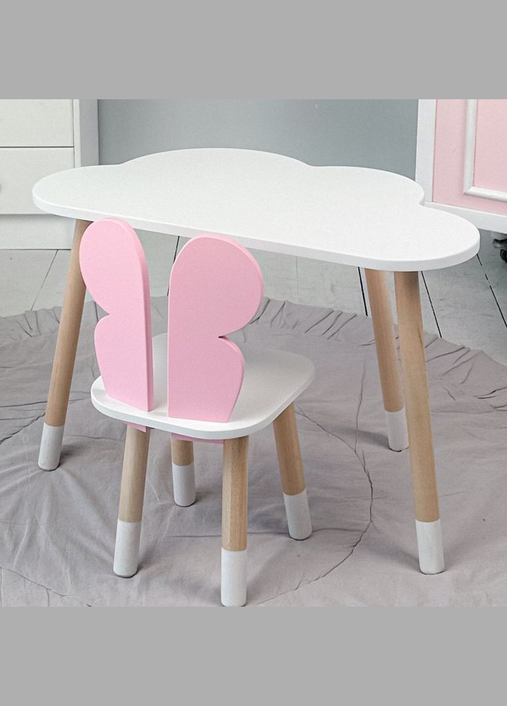 Дитячий білий столик хмарка і стілець метелик рожевий. Білий столик дитячий No Brand (361259118)