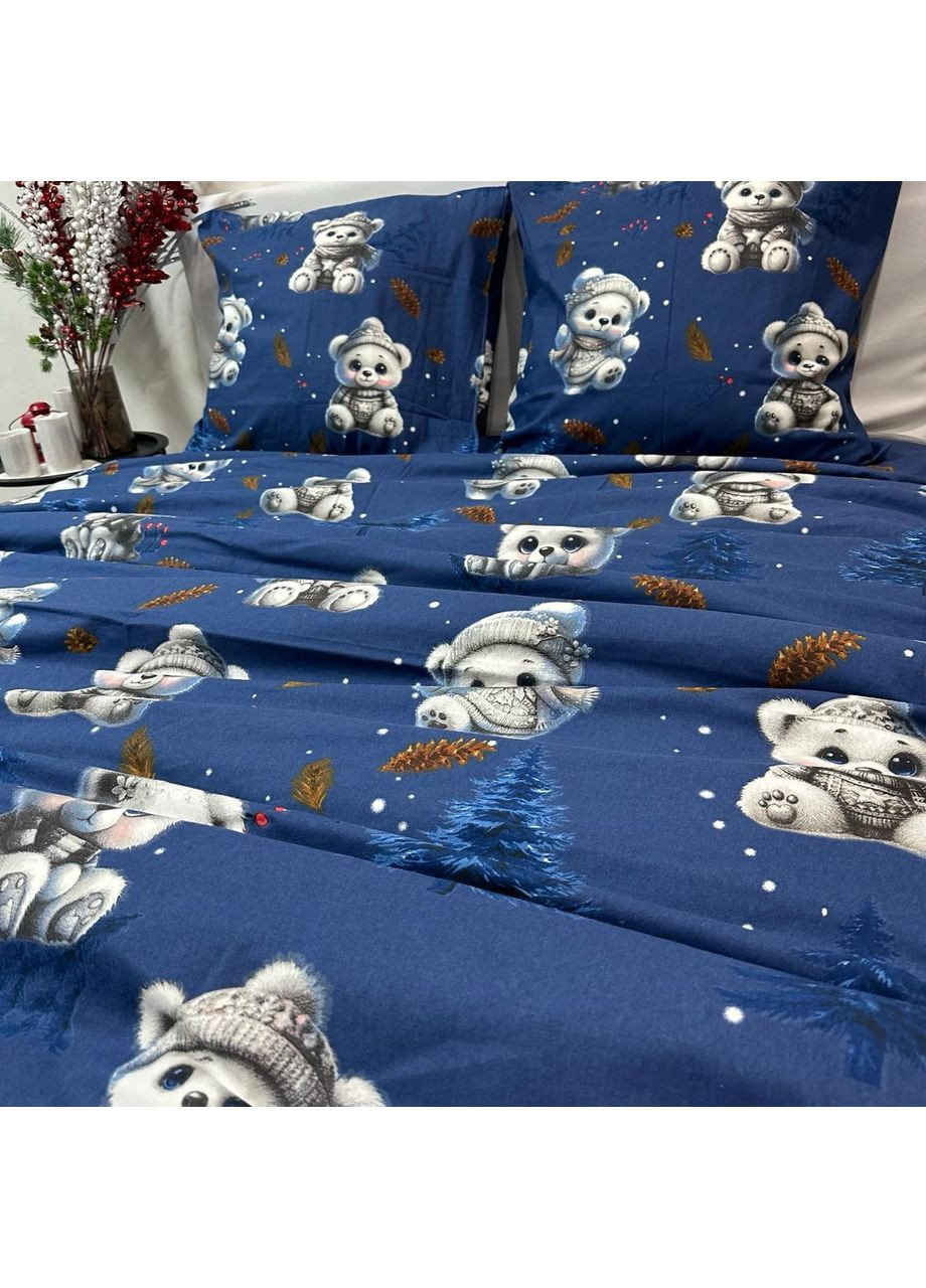 Зимнее постельное белье фланель (байка) семейный размер синего цвета – мягкость, тепло и новогоднее настроение! No Brand (370278937)