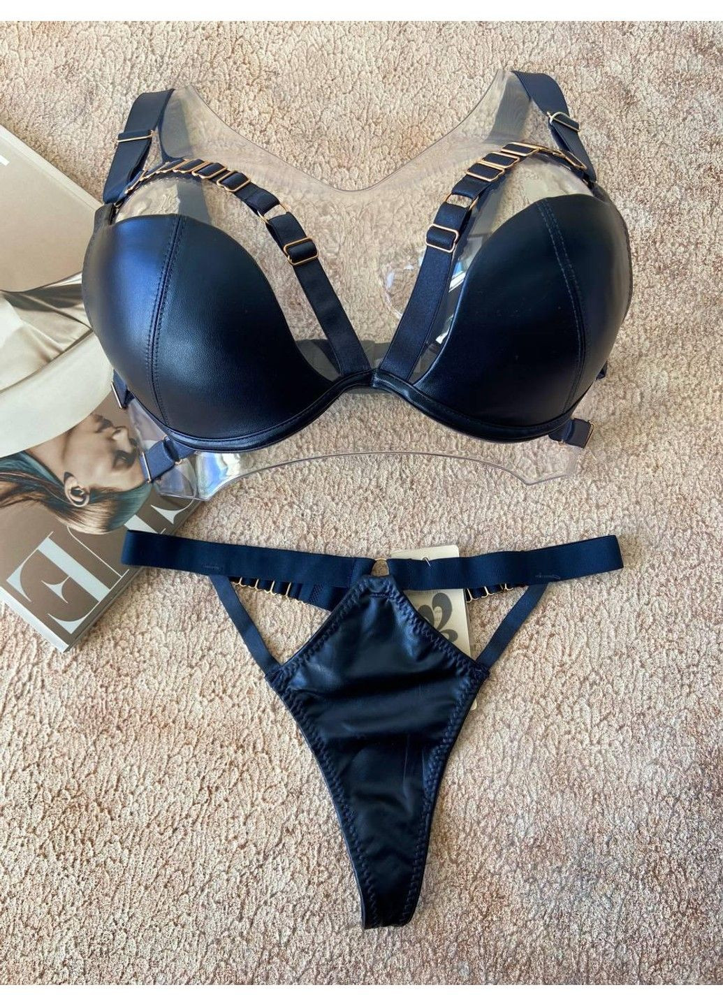 Синий синее женское нижнее белье комплект из эко кожи на 2 размер Weiyesi