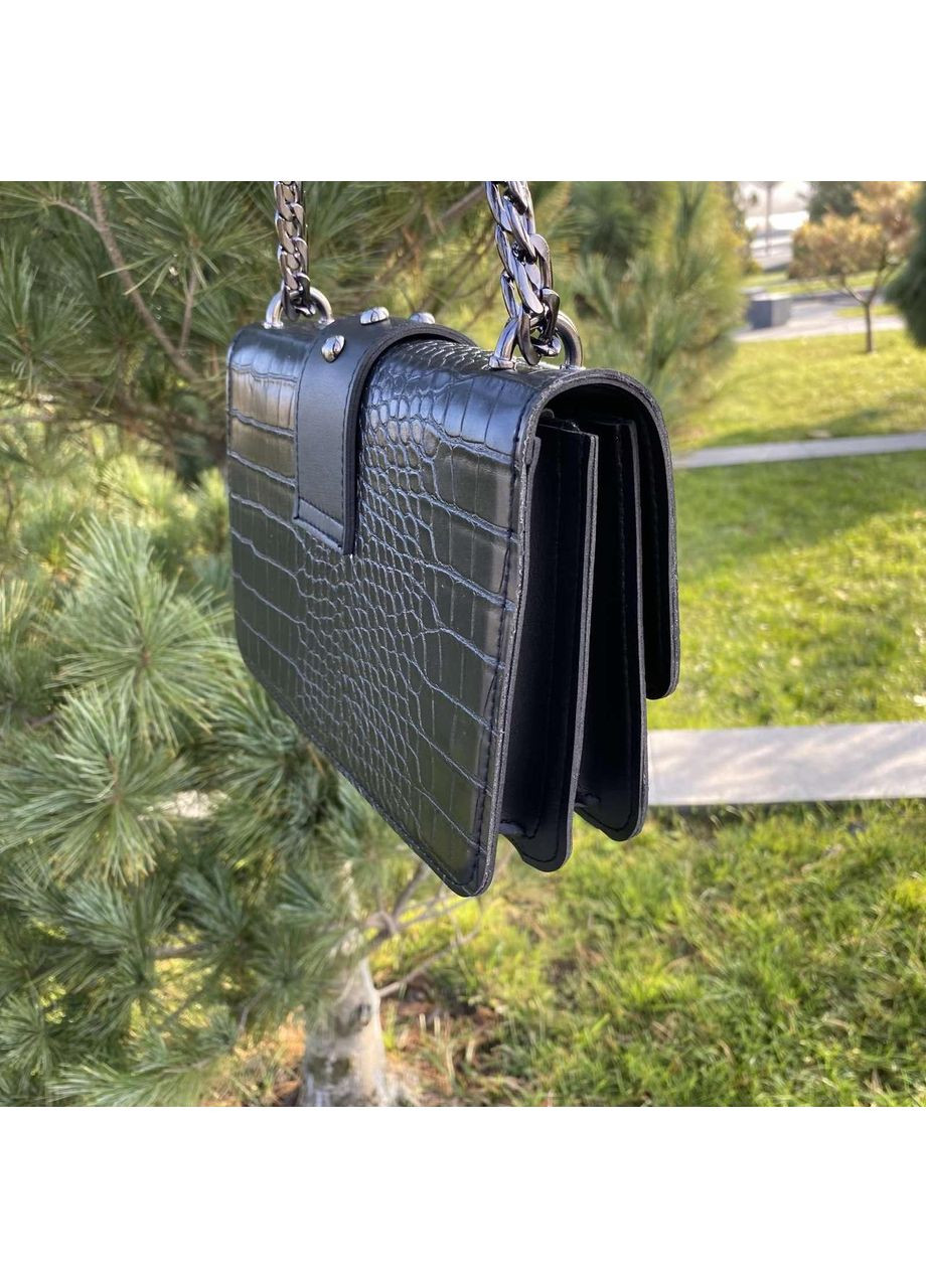 Жіноча міні сумочка клатч під рептилію з пташками чорна екошкіра на ланцюжку ProDobro (363259716)