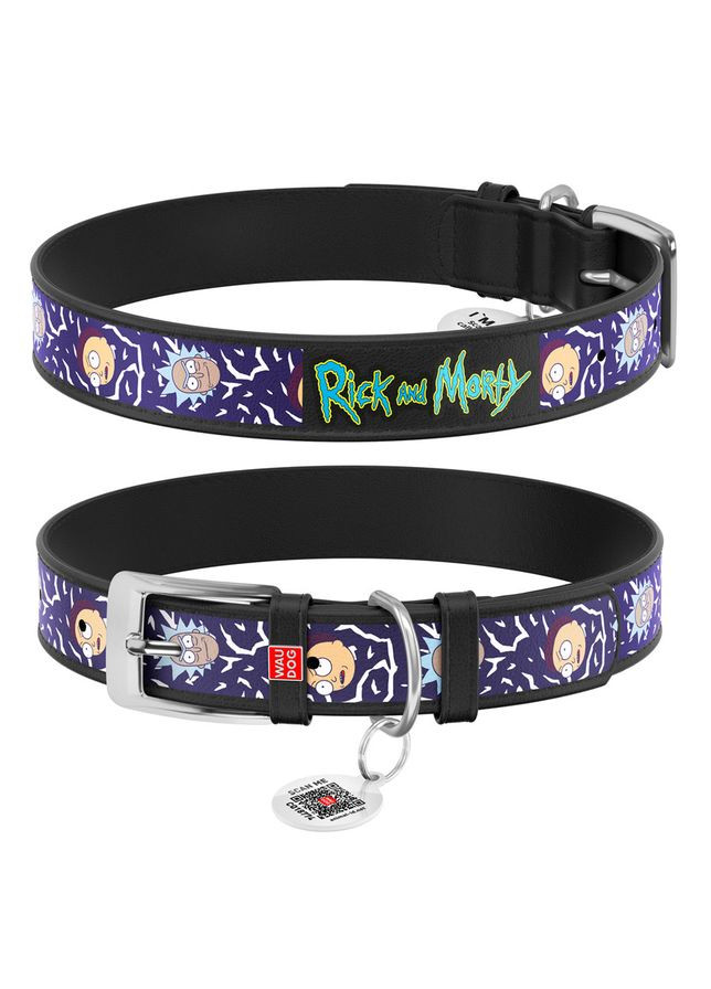 Нашийник для собак шкіряний WAUDOG Design з QR паспортом, малюнок "Рік та Морті 2",, Ш 35 мм, Д 46-59 см, чорний No Brand (363197590)