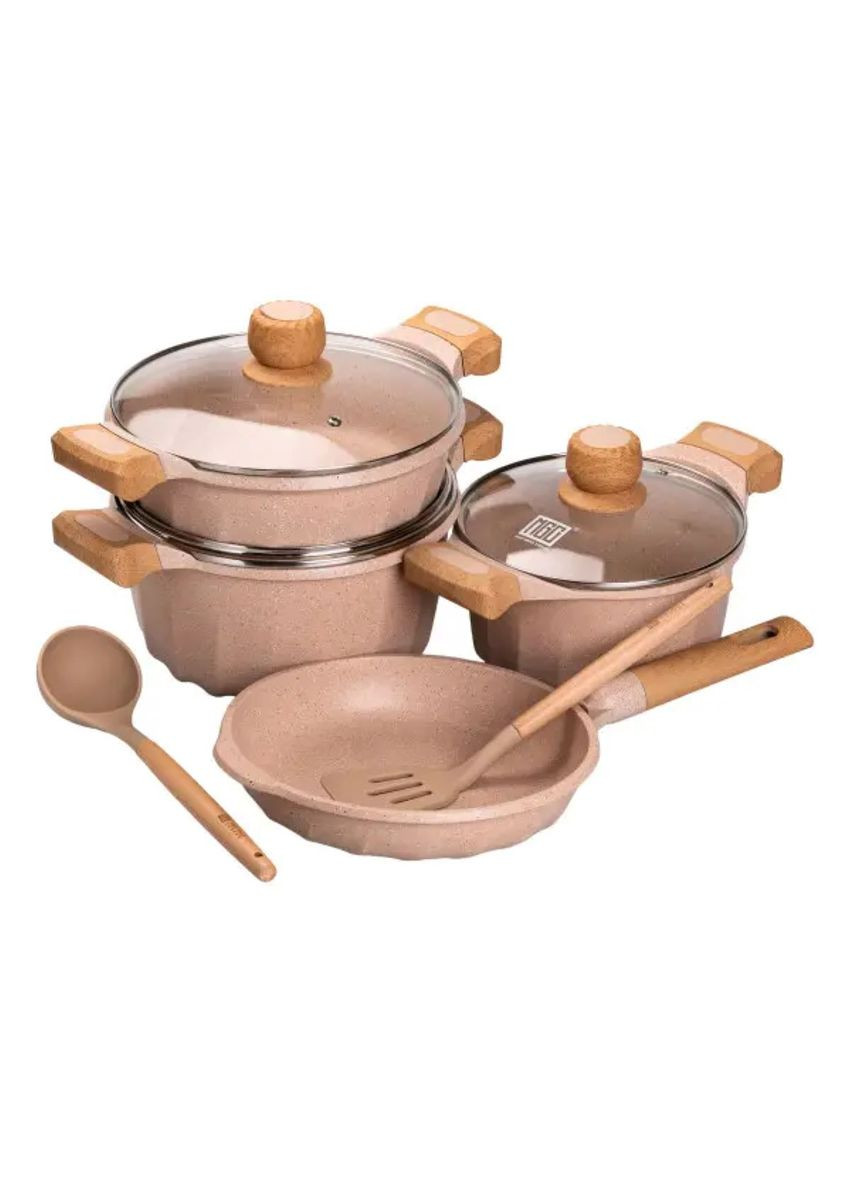 Набір посуду, 3 каструлі, сковорода, алюмінієва товстодонна з лопаткою та ополоником, бежевий HP-4-401CR (A-033015) MGC (342759100)
