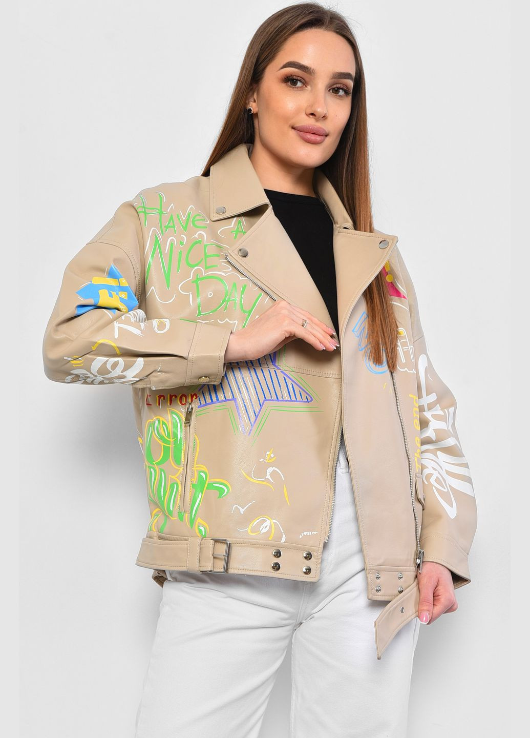Бежевая демисезонная куртка женская из экокожи бежевого цвета Let's Shop