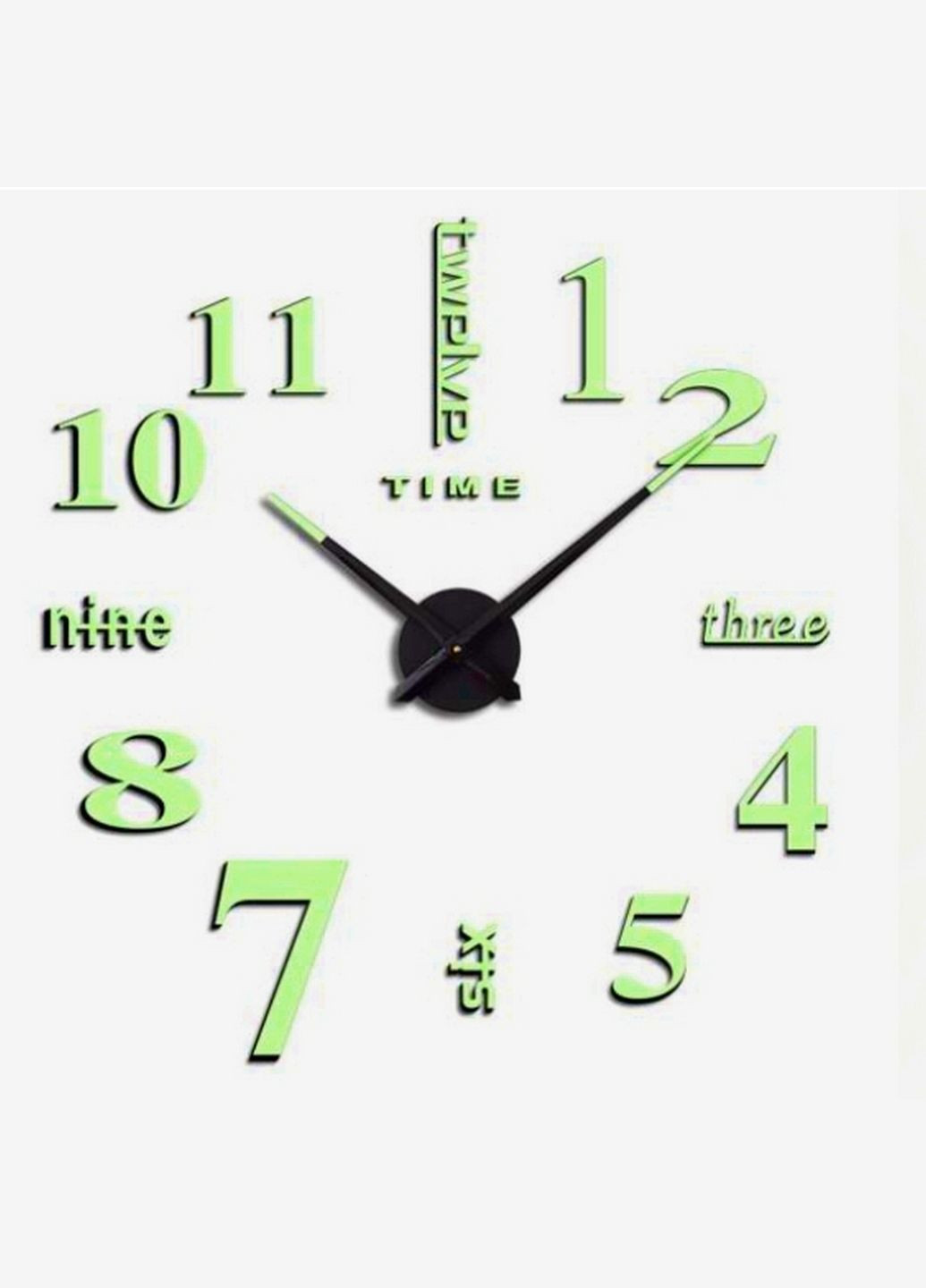 Настінний об'ємний 3D-годинник великий 120 см що світиться у темряві з цифрами та словами колір салатовий зроби сам No Brand 6768 (295287941)
