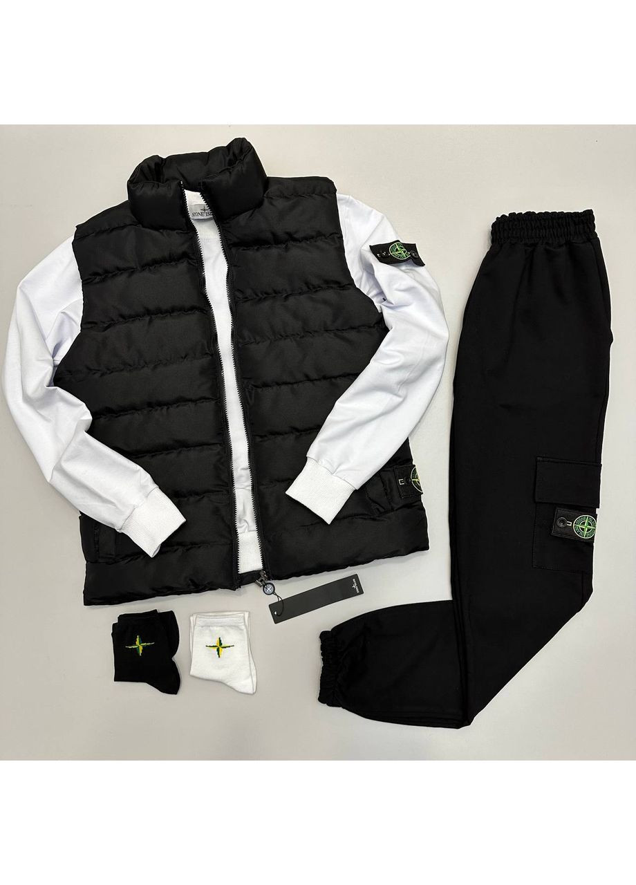Чорний демісезонний набір stone island 3 в 1 жилет,штани,світшот та 2 пари шкарпеток у подарунок,туреччина Україна