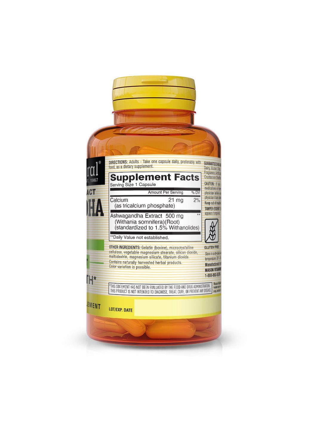 Натуральна добавка Ashwagandha 500 mg, 60 капсул Mason Natural (293338399)