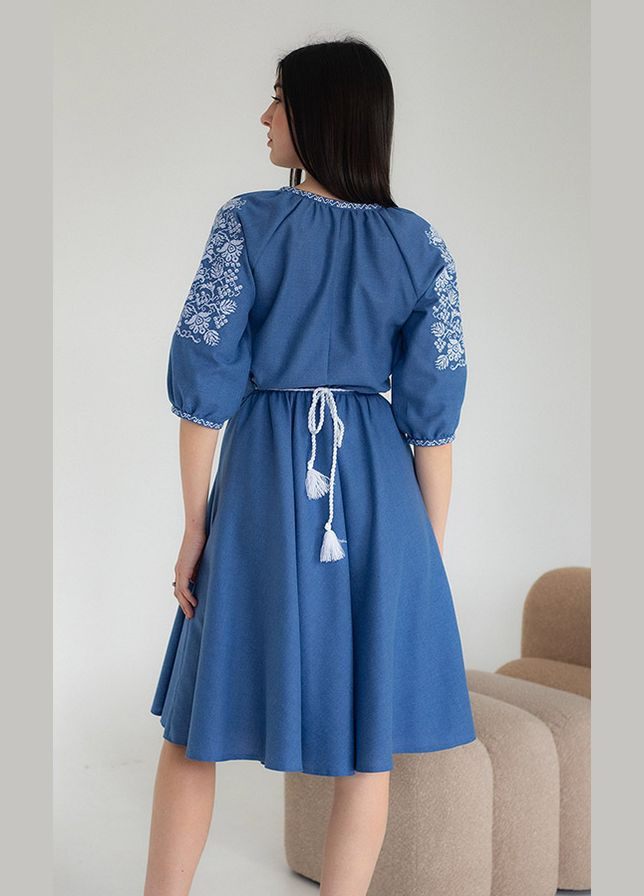 Синяя вышитое женское платье vishivano4ka 117-7 узор цветочный домотканное полотно (329902140)