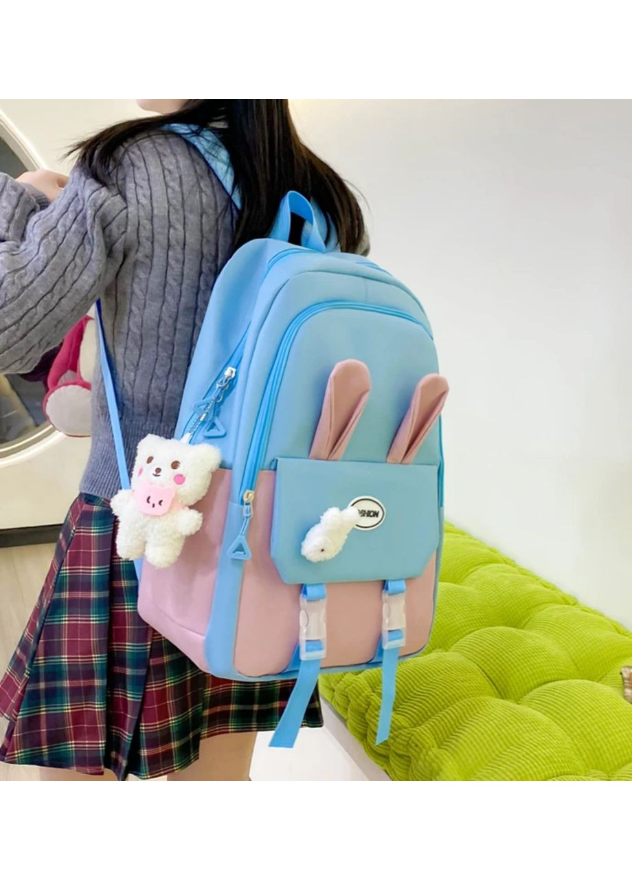 Школьный набор 5 в 1 рюкзак, сумка-шопер, пенал, сумочка-клатч через плечо, сумочка-мешочек синий с розовым 1312 No Brand (362475053)