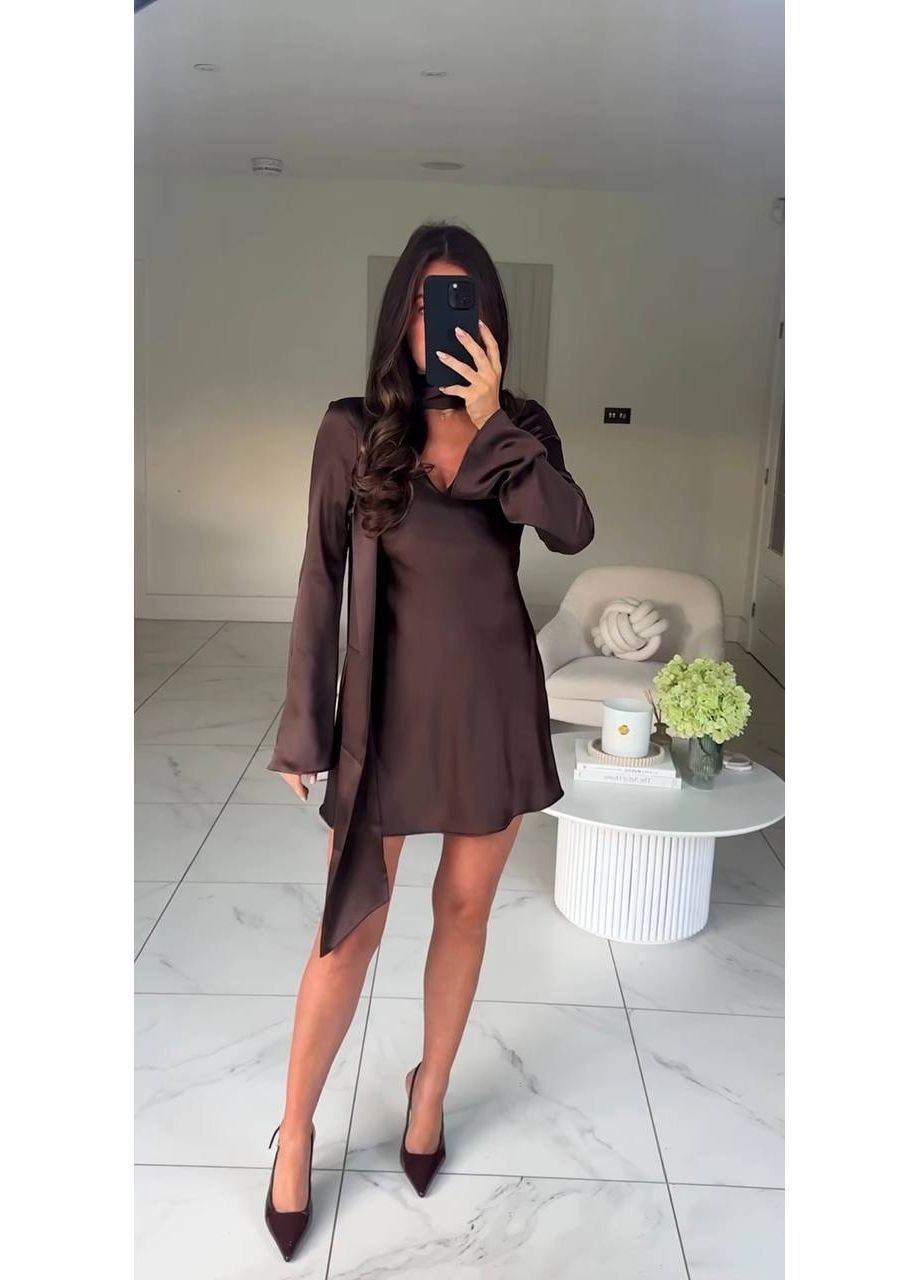 Коричневое вечернее женское платье из двойного шелка — замер в описании DK/DL Мода без кордонів однотонное