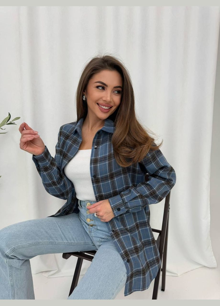 Синяя повседневный, кэжуал, джинсовая рубашка в клетку No Brand с длинным рукавом