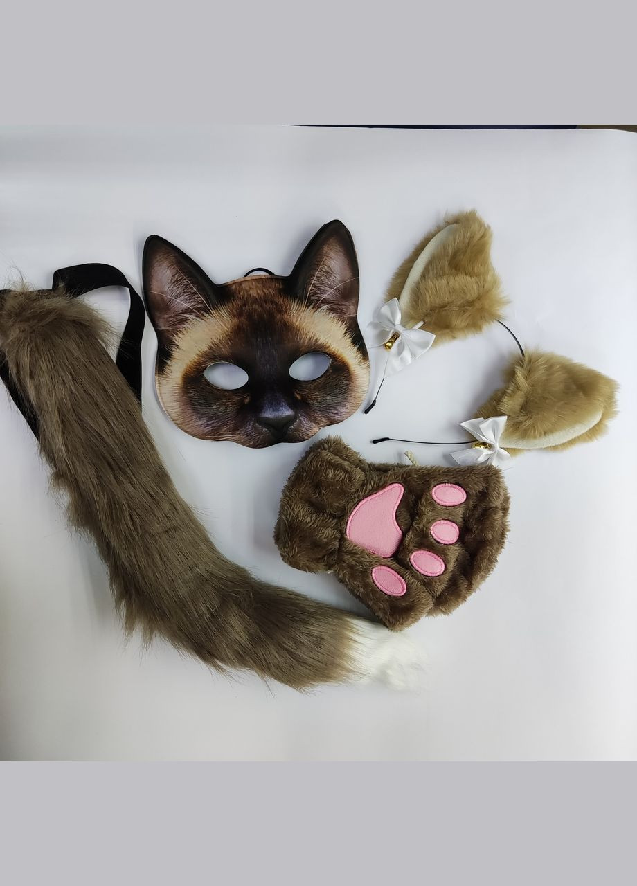 Набор для квадробики Коричневый (маска 3Д, ушки, хвост большой, кавычки) Костюм Котика No Brand (333163541)