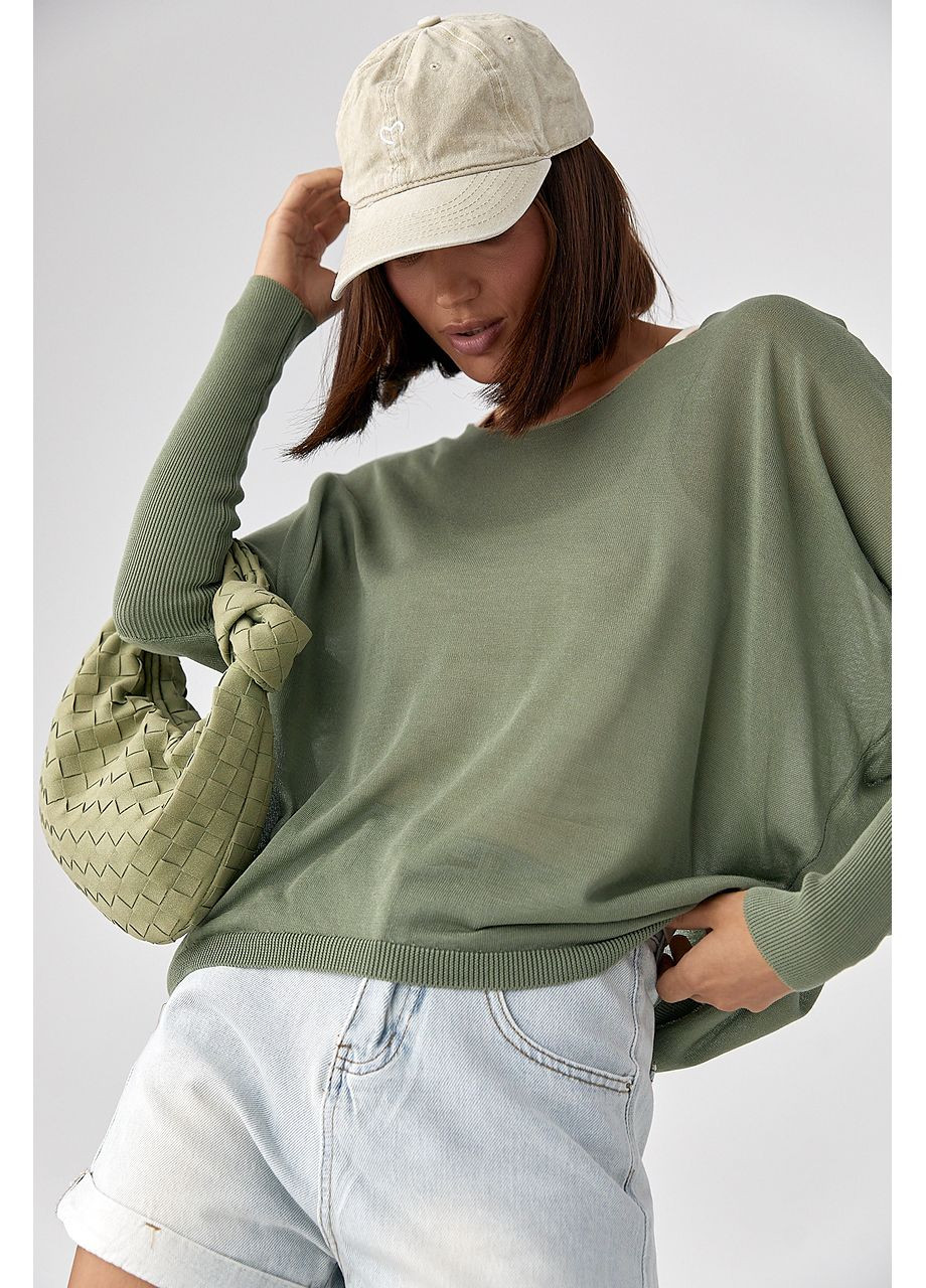 Оливковий (хакі) демісезонний джемпер вільного крою з необробленою горловиною – синій колір Lurex