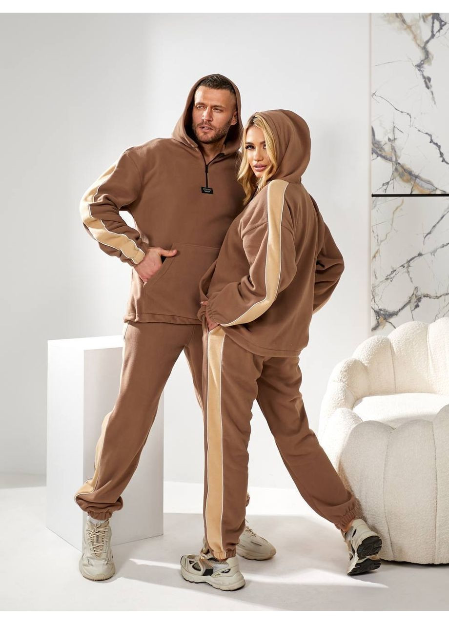 Парные флисовые костюмы цвета мокко с широкой полоской по бокам (Цена за один костюм, женский) No Brand 037-3 (352712915)