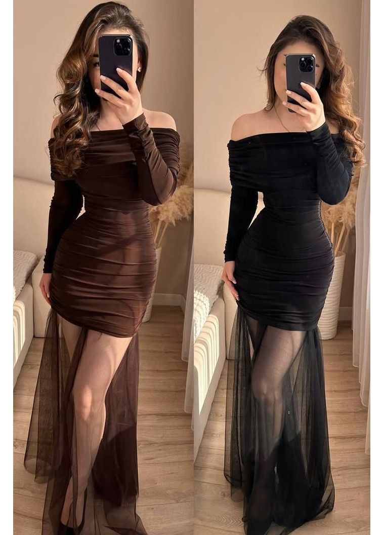 Коричневое вечернее женское платье с открытыми плечами No Brand