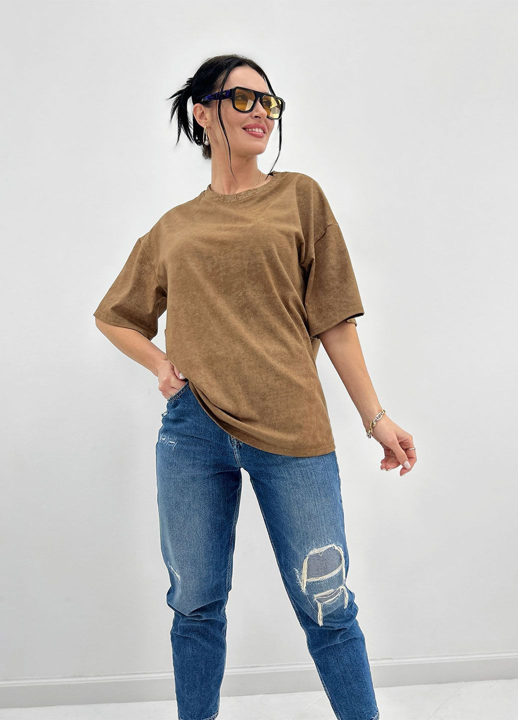 Кавова базова футболка тай-дай з коротким рукавом Fashion Girl Simple