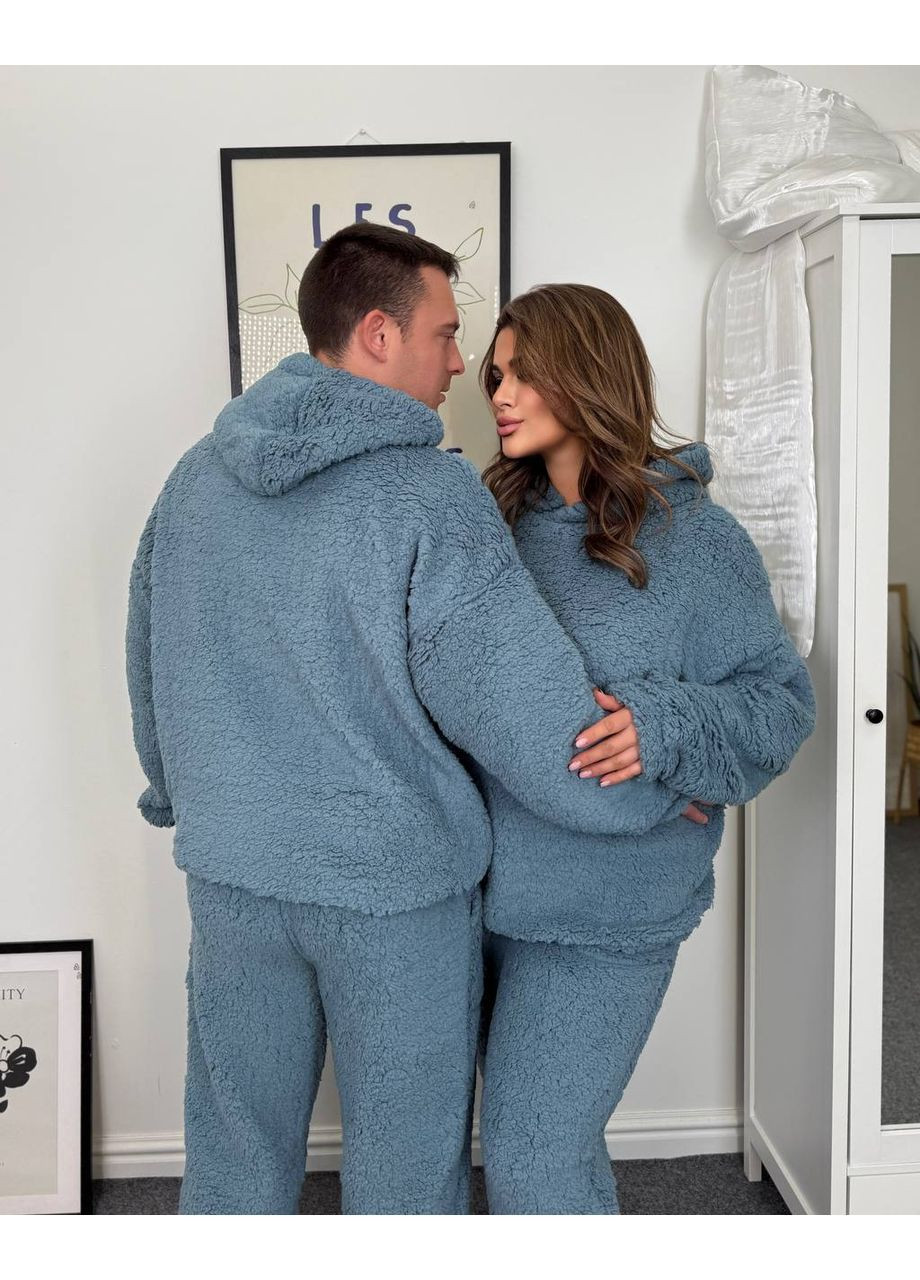 Голубая пижама женская теплая махровая брюки и кофта с капюшоном. парные пижамы No Brand