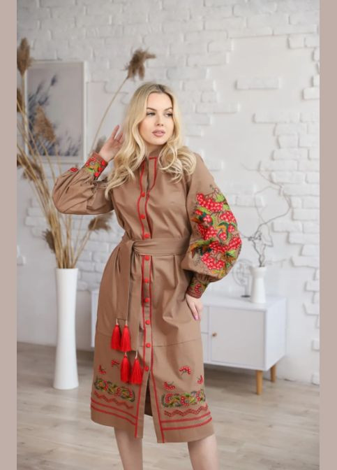 Коричневий зимній жіноча вишита сукня килина коричнева Galychanka 7046