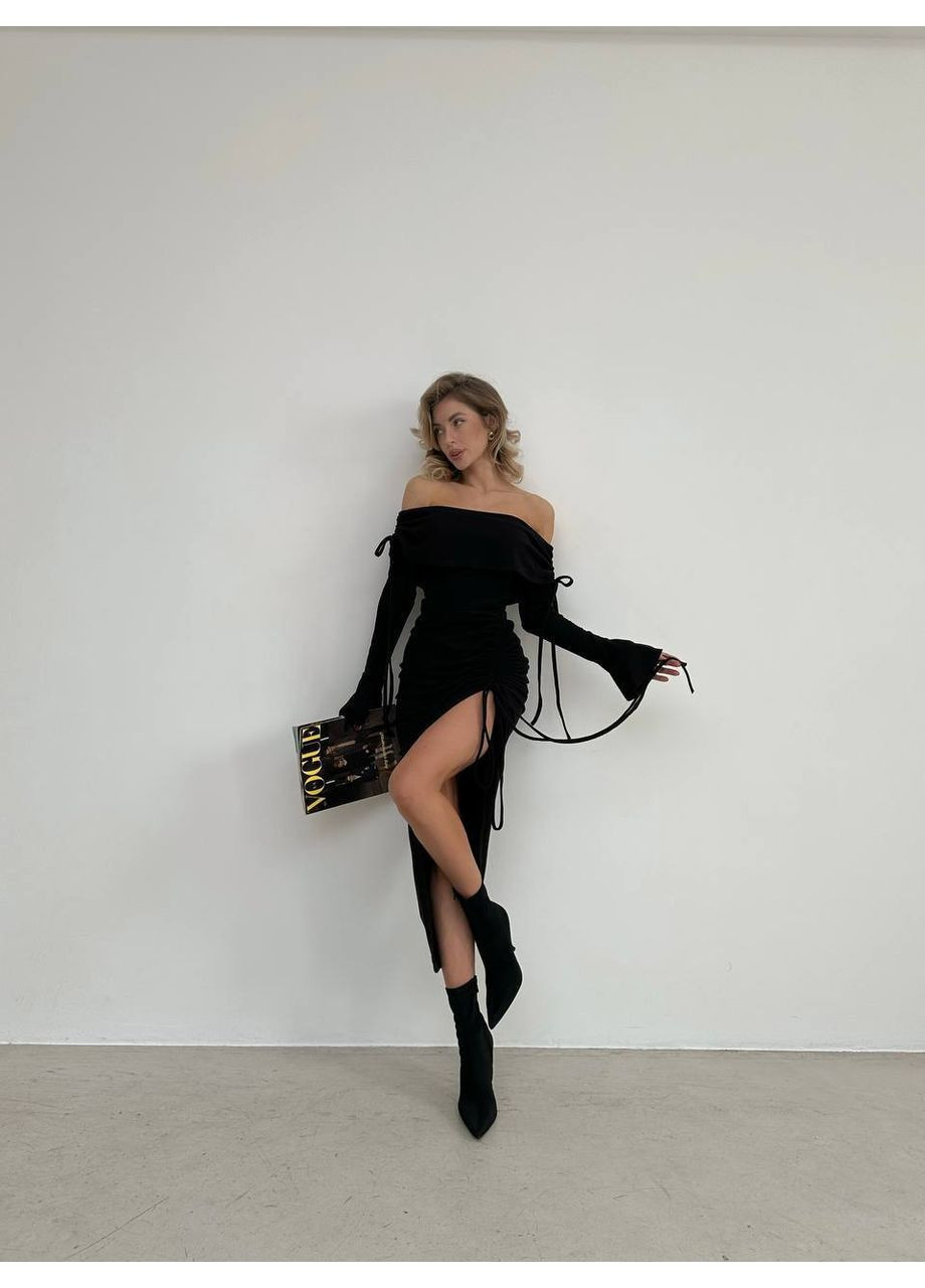 Черное вечернее платье из турецкого рубчика с завязочками, серый/черный — замер в описании Vione однотонное