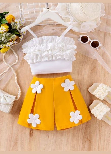 Комбінований демісезонний літній костюм для дівчинки квіткова мрія колір жовтий 10849 No Brand