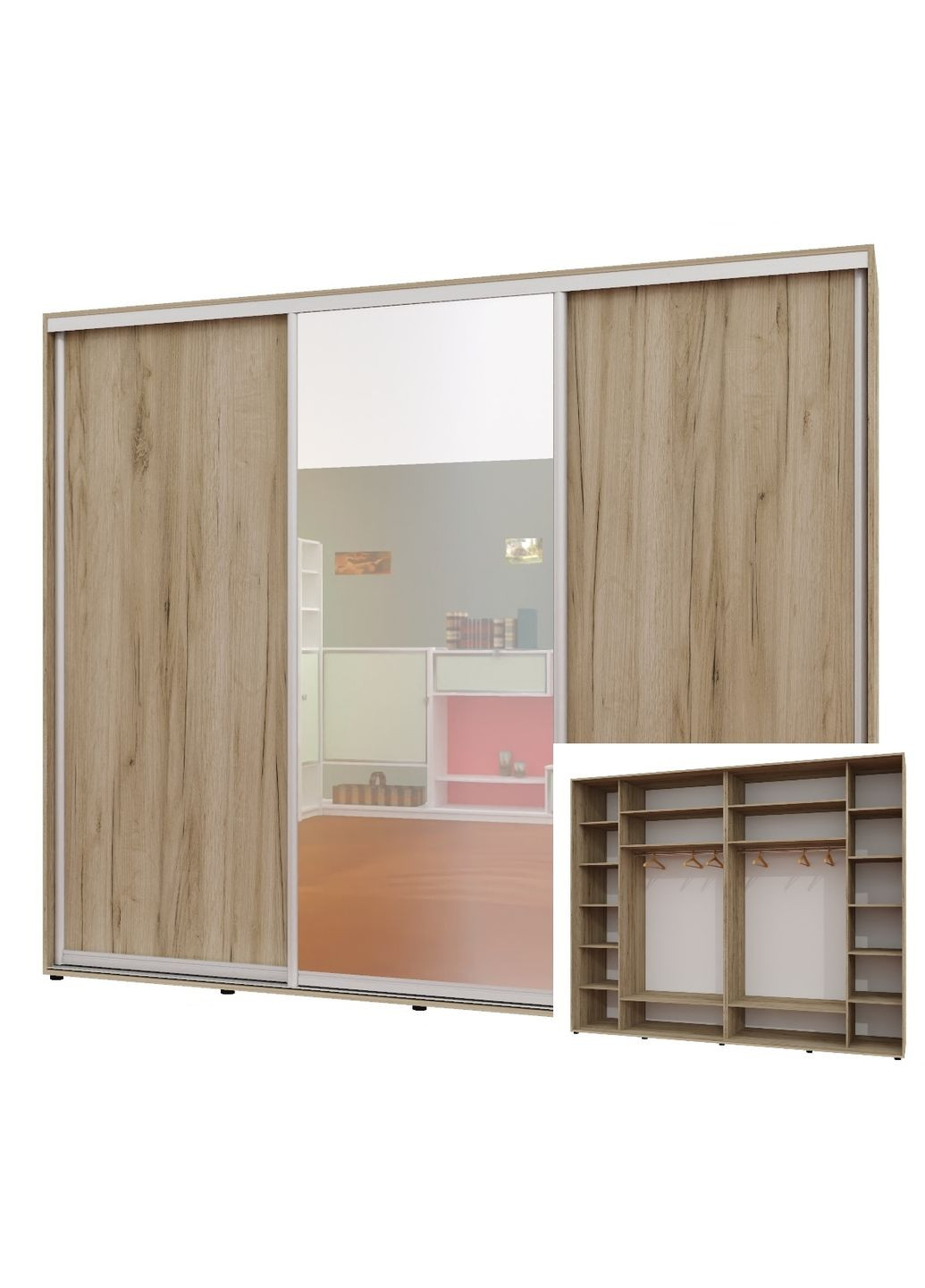 Шафа-купе тридверна 300*60*250 см Дуб крафт сірий 3 двері ДСП + Дзеркало + ДСП Люкс-147 Алекса (360478307)