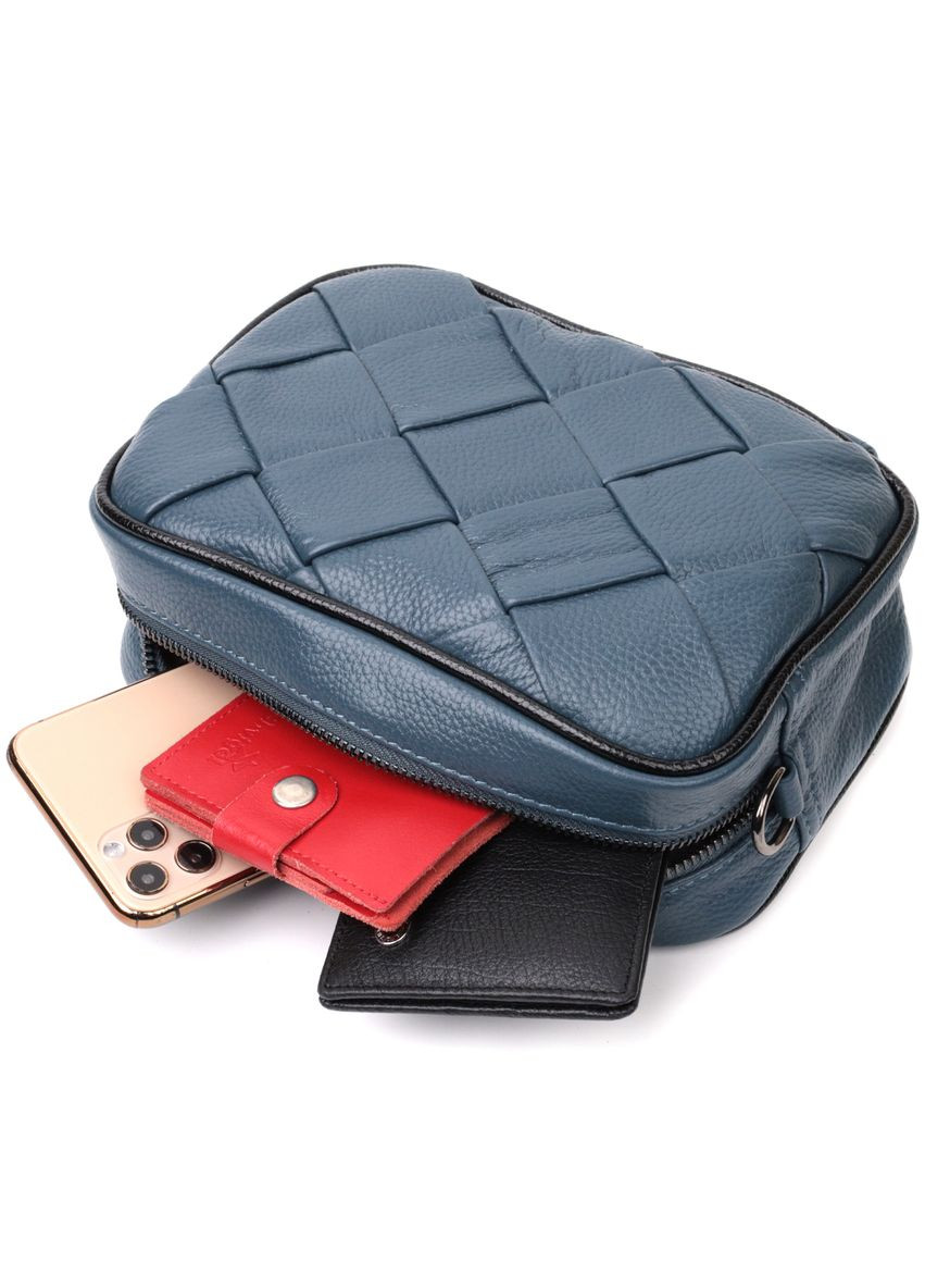 Шкіряна сумка через плече з плетінням жіноча 22408 Синя Vintage (302007728)
